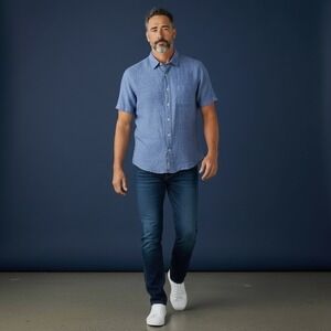 UNTUCKit Valente WR Slim Fit Linen Short Sleeve Button Down Mens Medium Blue